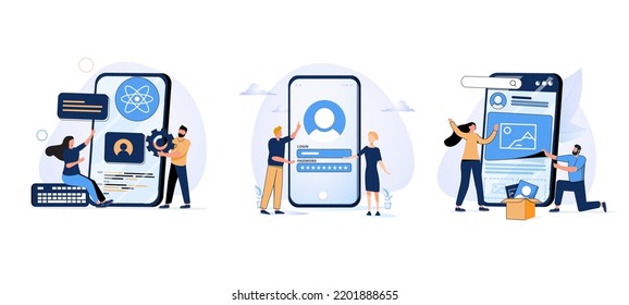 Mobile app development process abstract concept vector illustration set. React native mobile app, experience design, usability testing, user interface, software architecture abstract metaphor.