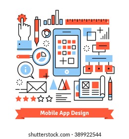Mobile app development process concept. Thin line art flat illustration with icons.