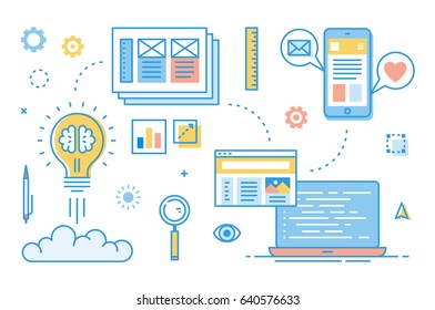 Mobile app development process. Creating idea, project analysis, design, software and apps development, digital marketing. Modern thin line style for web project and applications. Linear vector.
