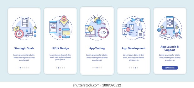 Mobile app development process onboarding mobile app page screen with concepts. Strategic resulting goals walkthrough 5 steps graphic instructions. UI vector template with RGB color illustrations