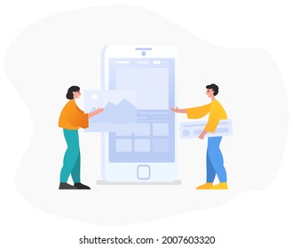 Mobile app development process, team. Two people stand near big mobile phone. Modern vector illustration