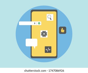 Mobile app development process in vector. Application display building development infographic style with engineering to user interface