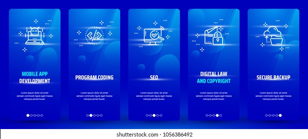 Mobile app development , Program coding, Seo, Digital law and copyright, Secure backup Vertical Cards with strong metaphors. Template for website design.
