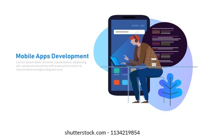 Mobile App Development, Programmer code on laptop. Smart phone application. Vector illustration flat