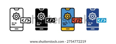 Mobile app development and programming icon set. Smartphone software coding, application settings, and web development symbols. Vector Illustration.