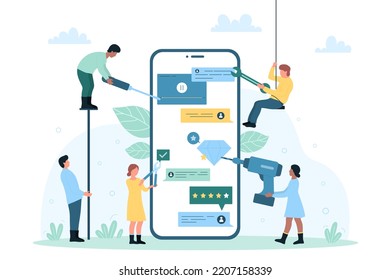 Mobile app development, programming vector illustration. Cartoon tiny developers create functional UI for smartphone application, engineers build online software on huge phone screen together