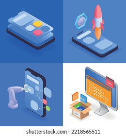 Mobile app development set with compositions of isometric smartphone ui layout rocket launch and code icons vector illustration