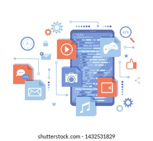 Mobile App Development, Software Management, Ui, Ux Development. Phone screen with program code, mobile app icons. Web banner, infographics. Vector illustration on white background. 