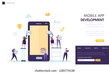 Mobile App Development Team Landing Page. Software Developer Character Building User Application on Tablet Screen. Modern Innovation Technology Concept for Website or Banner Flat Vector Illustration