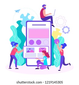Mobile App Development, Teamwork, web designers and web analytics working on the design and develop of mobile applications. Vector illustration.