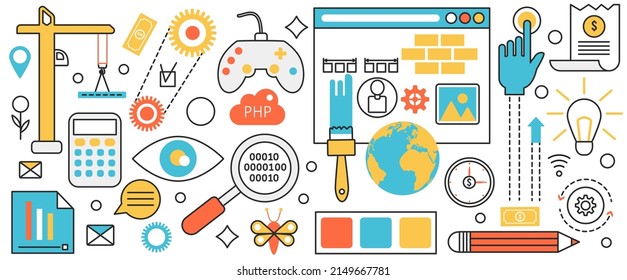 Mobile App-Entwicklungstechnologie. Online-Anwendungstechnik, kreative Startup-Arbeit mit Code-Entwickler und Programmierer auf dem Telefon-Bildschirm, Infografikkonzeptbanner, Thline-Art Design