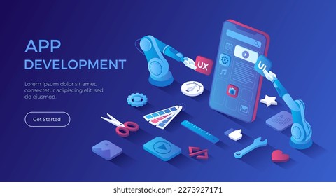 Mobile APP Development UI UX Design, SEO Optimization. Adaptive layout application web interface on smartphone screen. Isometric landing page. Vector web banner.	
