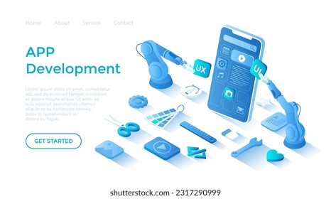 Mobile APP Development UI UX Design, SEO Optimization. Adaptive layout application web interface on smartphone screen. Landing page template for web on white background.	
