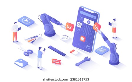 Mobile APP Development UI UX Design, SEO Optimization. Adaptive layout application web interface on smartphone screen. Isometry illustration with people scene for web graphic.	
