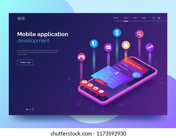 Mobile App Development Vector Illustration. Isometric Mobile Phone With Layout Of Application. User Experience, User Interface. Gadget Software.Homepage Template. Design. Eps 10.
