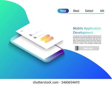 Mobile app development vector illustration. Isometric mobile phone with layout of application. User experience, user login interface. Gadget software.