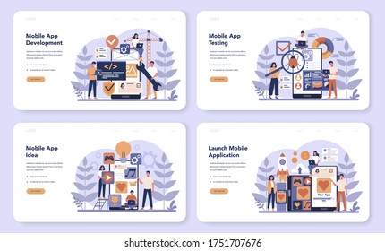 Mobile app development web banner or landing page set. Modern technology and smartphone interface design. Application building and programming. Vector flat illustration