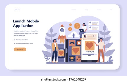 Mobile app development web banner or landing page. Modern technology and smartphone interface design. Application building and programming. Vector flat illustration