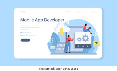Mobile app development web banner or landing page. Modern technology and smartphone interface design. Application building and programming. Vector flat illustration