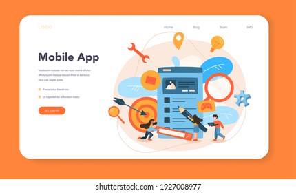 Mobile app development web banner or landing page. Modern technology and smartphone interface design. Application building and programming. Vector flat illustration