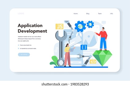 Mobile app development web banner or landing page. Modern technology and smartphone interface design. Application building and programming. Vector flat illustration