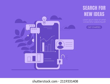 Mobile app development and web design. Layered user interfaces and screens on a touch screen smartphone. Vector illustration