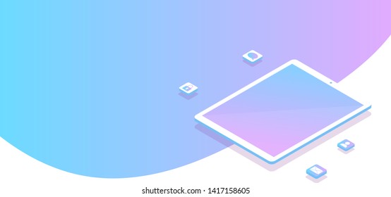 Mobile app development. White tablet with applications icons on gradient touch screnn. Social network isometric landing page. Software API prototyping. Repairing electronic. Advertising concept.