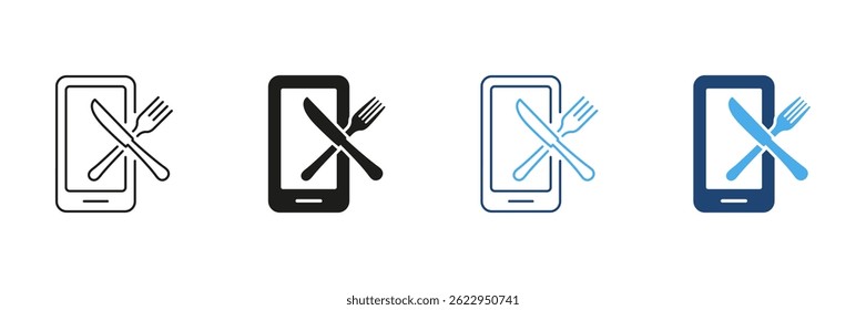 Mobile App For And Diet Tracking Line and Silhouette Icon Set. Fork And Knife Icon with Smartphone For Wellness And Fitness Apps. Healthy Food and Nutrition. Isolated Vector Illustration.