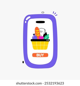 App Móvil Que Muestra La Cesta De Comestibles En Ilustración vectorial Plana Que Simboliza Las Compras En Línea, El Comercio Electrónico Y Las Órdenes Digitales De Comestibles, Aisladas Sobre Fondo Blanco