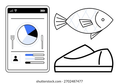 Mobile app displaying nutritional data, whole fish, and gym shoe. Ideal for health and fitness, diet planning, seafood emphasis, tracking apps, nutrition analysis, wellness, and self-improvement
