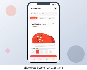 El App móvil muestra un diseño de zapatilla roja con opciones de tamaño. El usuario puede ver el Precio y las calificaciones mientras navega por las zapatillas para correr.