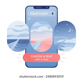 A mobile app displays three window views, enabling users to select seats with preferred scenery. Choose a seat button. Concept of personalized travel experience, online booking convenience. Vector.