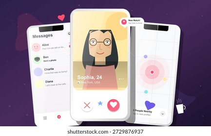 Um aplicativo móvel exibe um perfil de usuário com o nome Sophia, 24 anos, de Nova York. Mensagens de amigos Alice e Charlie estão visíveis. O design mostra os recursos de engajamento do usuário.