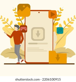 Mobile App Download Concept, System Update Concept, People Updating Operating System Or Downloading Various Content Or Apps, Landing Page, Template, Ui, Web, Mobile App, Poster, Banner, Flyer