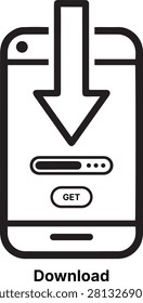 Mobile app download with smartphone and large down arrow vector icon