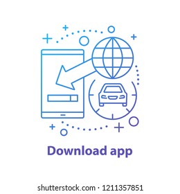 Mobile app downloading concept icon. Carpooling service idea thin line illustration. Online taxi ordering. Vector isolated outline drawing