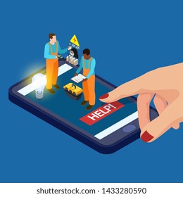 Mobile app electrician services isometric vector concept. Illustration of equipment and worker repair electrical