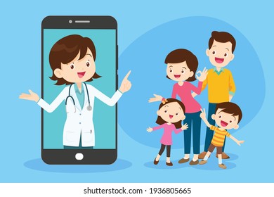  Mobile App Family Doctor. Family Using Mobile Application, Control Health Indicators, Consult Online Doctor, Sign up Appointment Therapist. Healthcare services