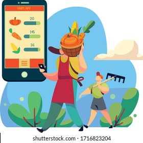 Aplicación móvil para estadísticas de granjeros, papá, hijo en la granja llevan calabaza de cosecha, zanahoria, maíz plana vectorial ilustración de fondo blanco. Diseñar la gestión y los personajes de la granja de tecnología y contemporáneos.