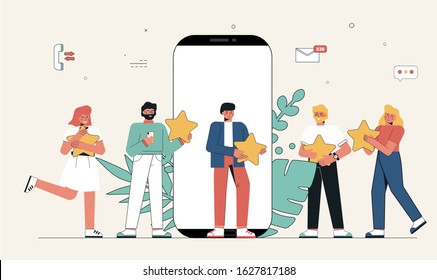 Mobile app feedback, people holding five stars in hands.Customer reviews concept illustration concept illustration. Choice rating, online review. Flat vector illustration isolated on white background.