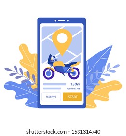 Mobile app for finding a motorcycle for rent. Map with a pin and information about the selected motobike. Mobile city transportation.Online carsharing. Vector flat illustration isolated.