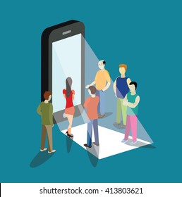 Mobile App Flat 3d Isometry Isometric Concept  Vector Illustration. People Standing Near Big Smart Phone Touch Screen. Creative People Collection.