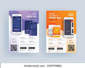 Mobile App Flyer or Template, Brochure Layout with Smartphone Ui in Two Color Option for Business Concept.