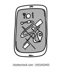Mobile App Lebensmittelzustellung doodle Vektorsymbol. Zeichnen Skizze Illustration handgezeichnet Linie.