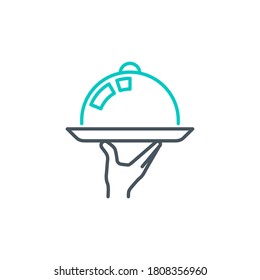 Mobile App Food Time Icon lidded Teller mit einer Kellnerhand einzeln auf Weiß. Umriss-Logo-Platte für Lebensmittel, die mit einem Deckel mit Kellerhand bedeckt sind. Mittagspausenzeit für Qualitätselemente mit bearbeitbarem Stroke