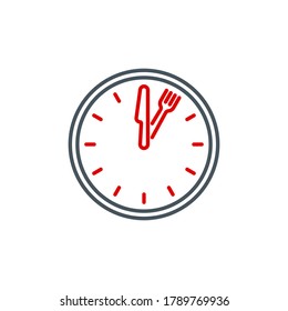 mobile app food time on the clock icon isolated on white. outline app symbol wall clock with cutlery: knife and fork. Quality element lunch break time with editable Stroke. midday on the watch banner
