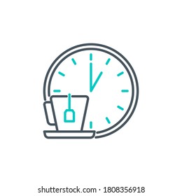 tiempo de comida de aplicación móvil en el icono del reloj aislado en blanco. símbolo de la aplicación de contorno reloj de pared con una taza y una etiqueta de bolsos de té. Tiempo de descanso de almuerzo de elemento de calidad con Stroke editable. mediodía en el cartel del reloj