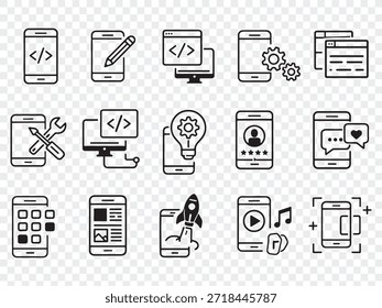 Programação de Conjunto de Ícones de Desenvolvimento de Front-End e Aplicativo Móvel, Design de UX de IU, SEO e Ícones de Vetor de Marketing 