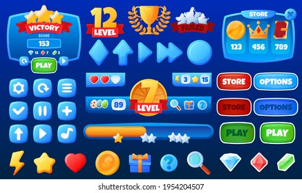 Mobile App, Game Interface Buttons, Various Icons, Colorful Set Graphic Interface Elements, Cartoon Style, Vector Illustration.