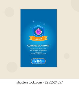 Mobile App Game UI Achievement Page Level 1 Reward Diamond Gem Blue Cute Colorful Cartoon Template Vector Design